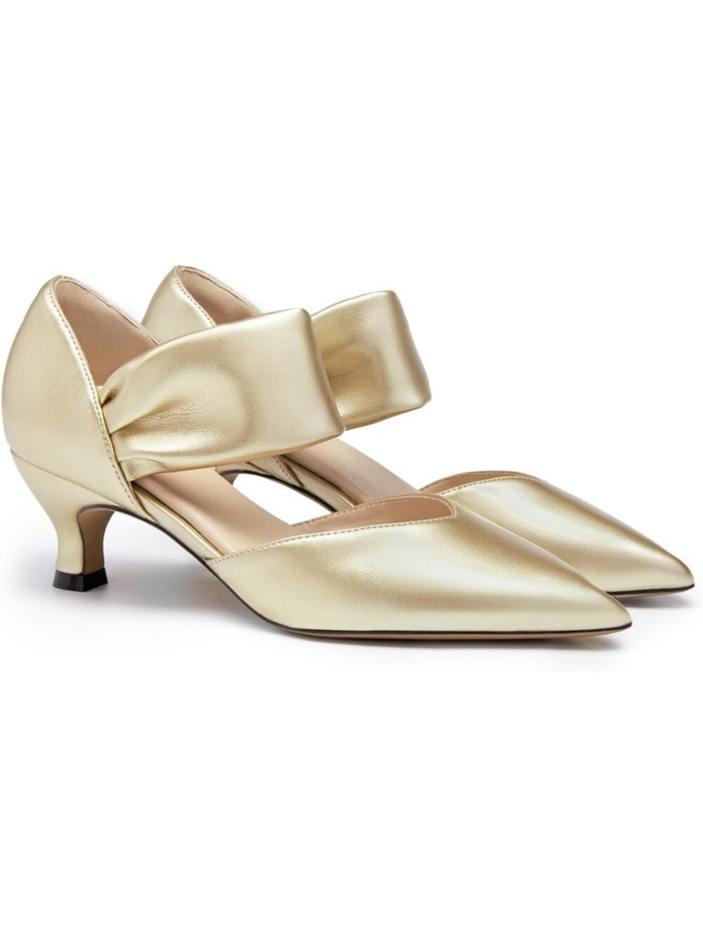Women's Light Gold Low Kitten Heels Shoes Pointed Toe Slip on Ankle Strap Pumps